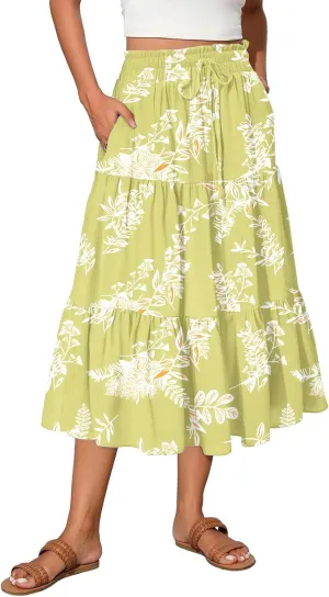 ADHOWBEW Boho Skirts for Women High Waist Casual Cotton Flowy Elastic Waist Bohemian Smocked Floral Skirts