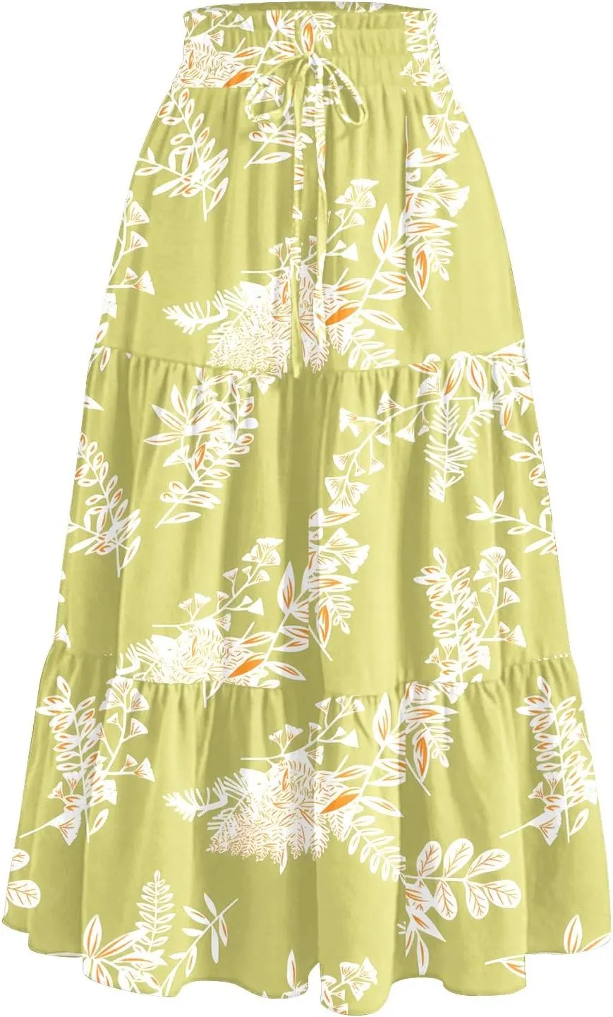 ADHOWBEW Boho Skirts for Women High Waist Casual Cotton Flowy Elastic Waist Bohemian Smocked Floral Skirts