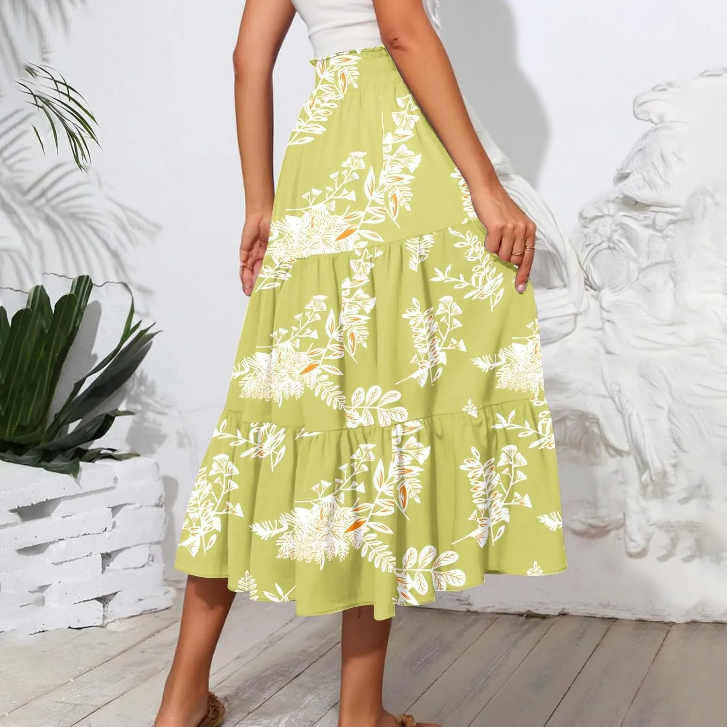ADHOWBEW Boho Skirts for Women High Waist Casual Cotton Flowy Elastic Waist Bohemian Smocked Floral Skirts