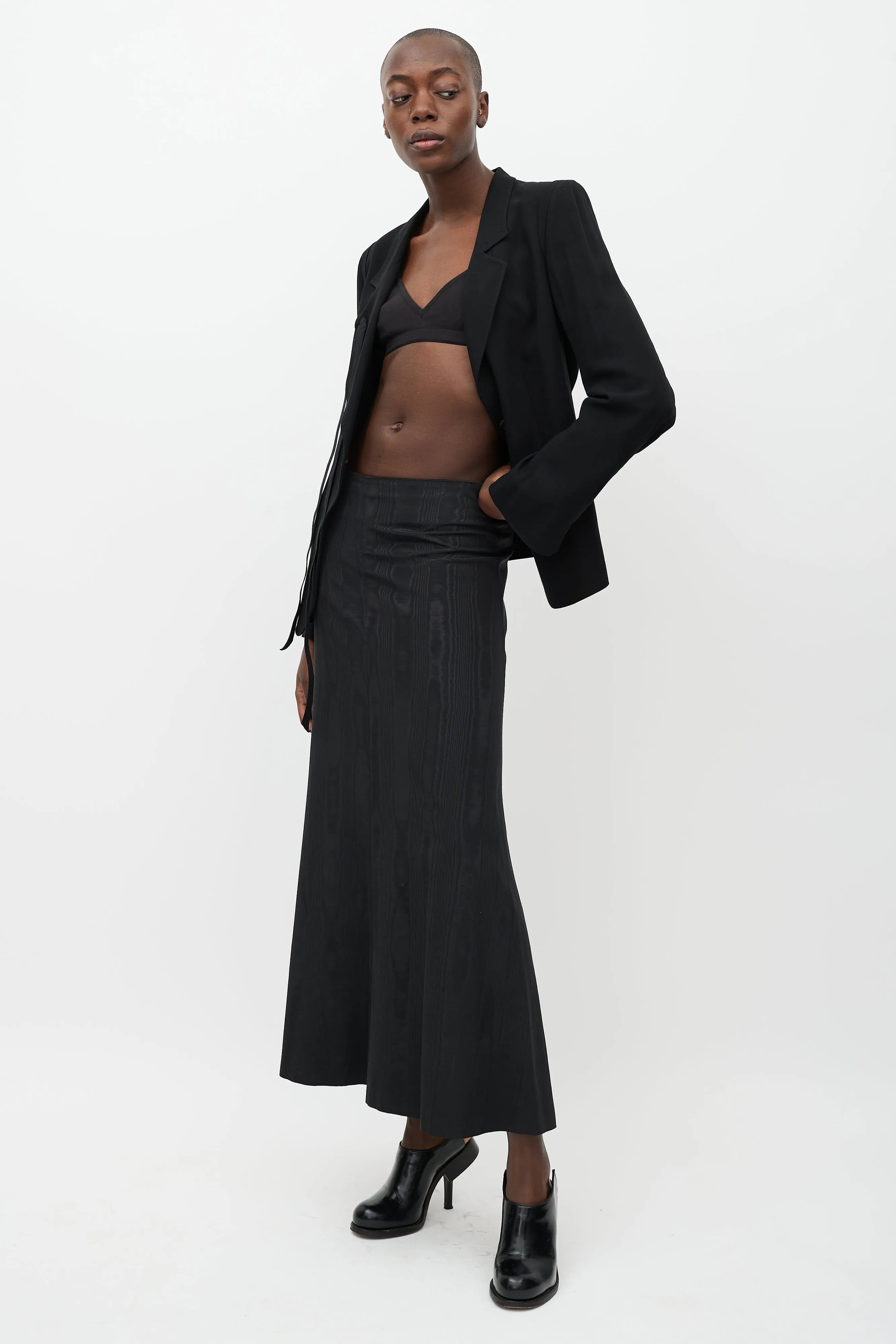 Black Satin Flared Woodgrain Skirt