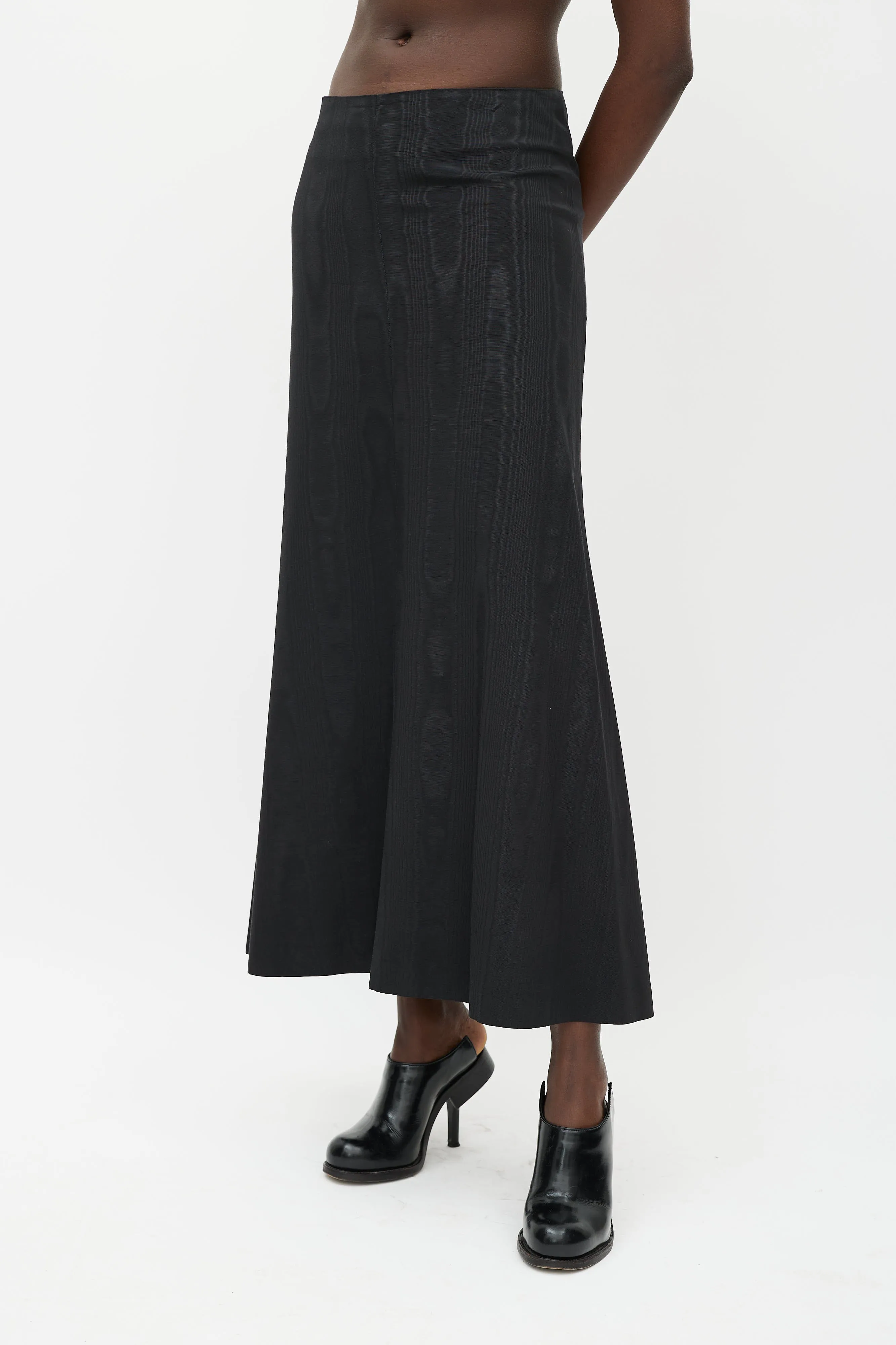Black Satin Flared Woodgrain Skirt