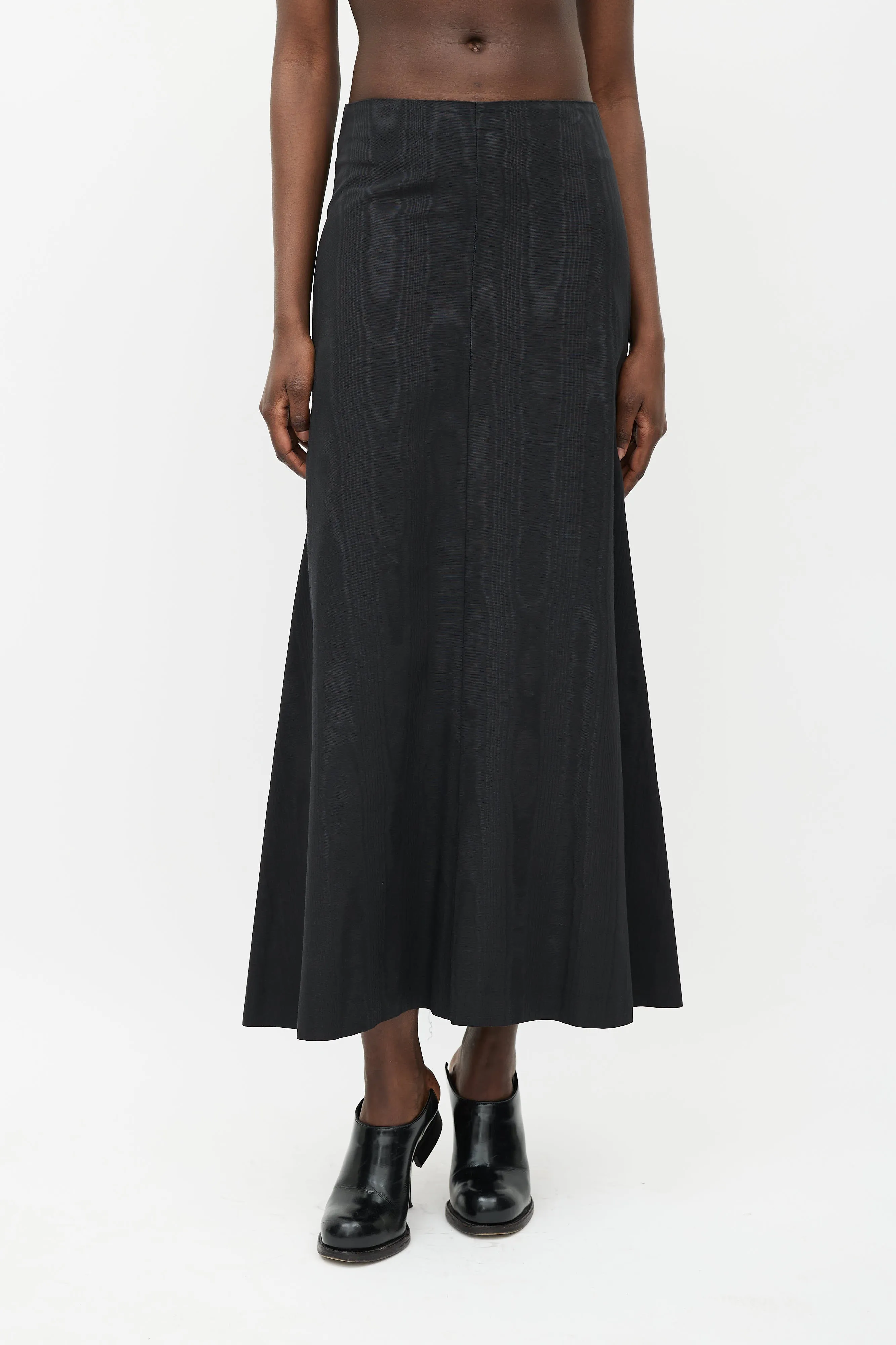 Black Satin Flared Woodgrain Skirt