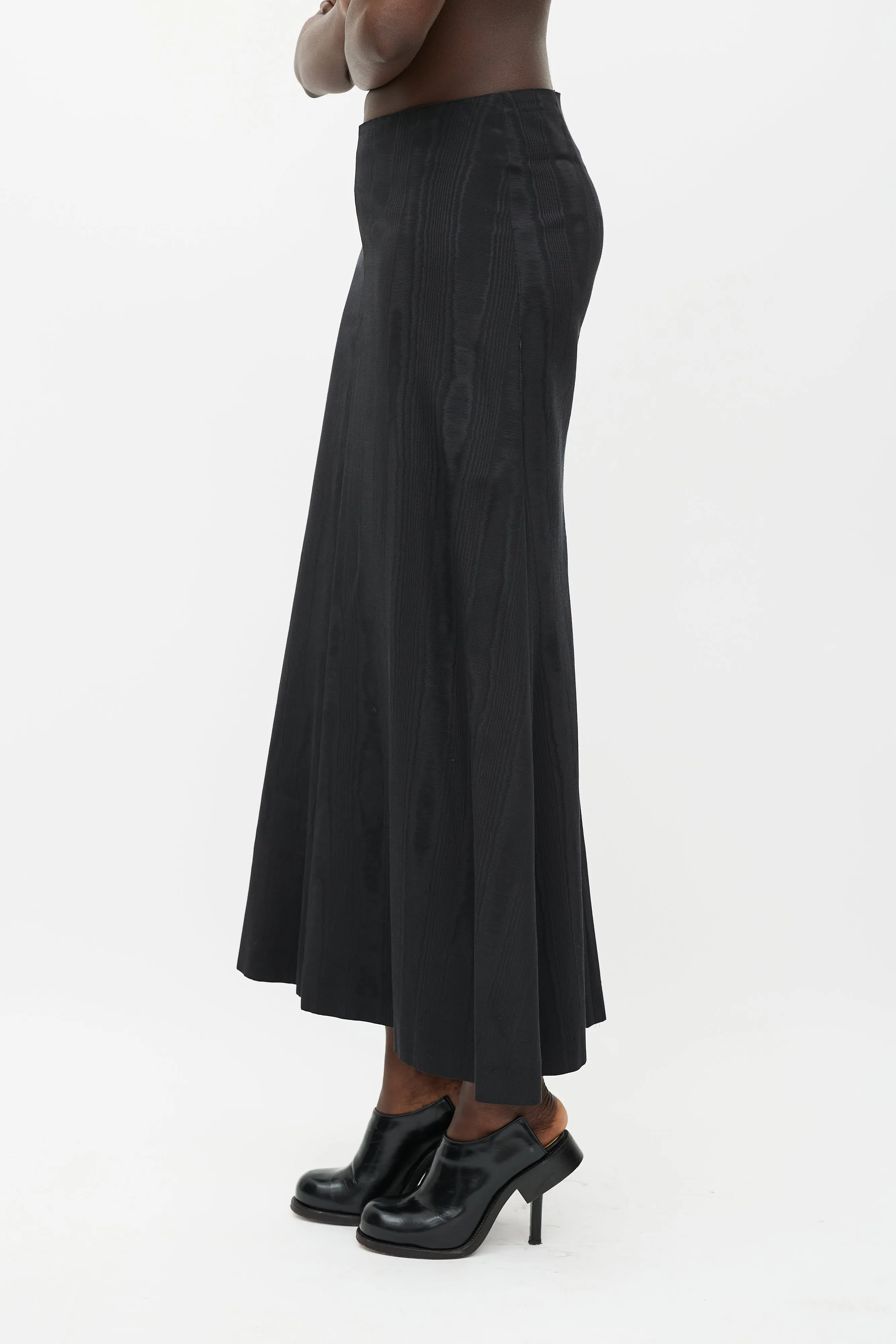 Black Satin Flared Woodgrain Skirt