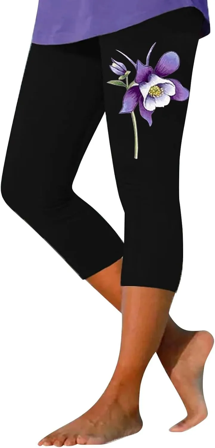 Capri Leggings for Women Purple Floral Print Crop Yoga Pants Stretchy 7/8 Length Tights Alzheimers Awareness Products