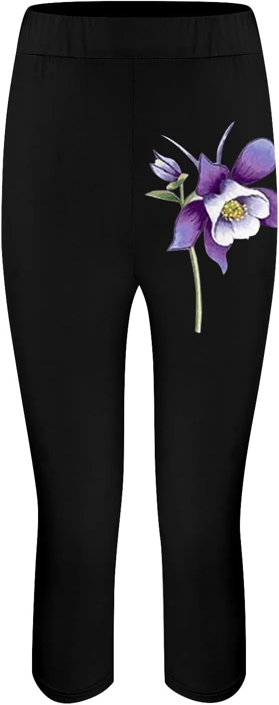 Capri Leggings for Women Purple Floral Print Crop Yoga Pants Stretchy 7/8 Length Tights Alzheimers Awareness Products