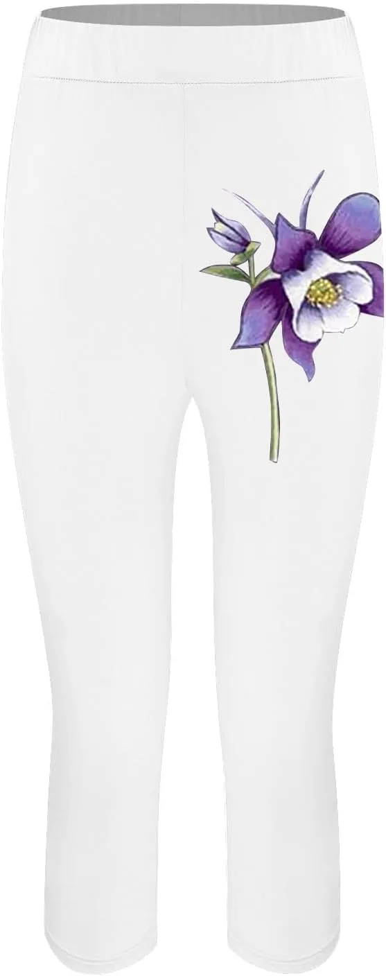 Capri Leggings for Women Purple Floral Print Crop Yoga Pants Stretchy 7/8 Length Tights Alzheimers Awareness Products