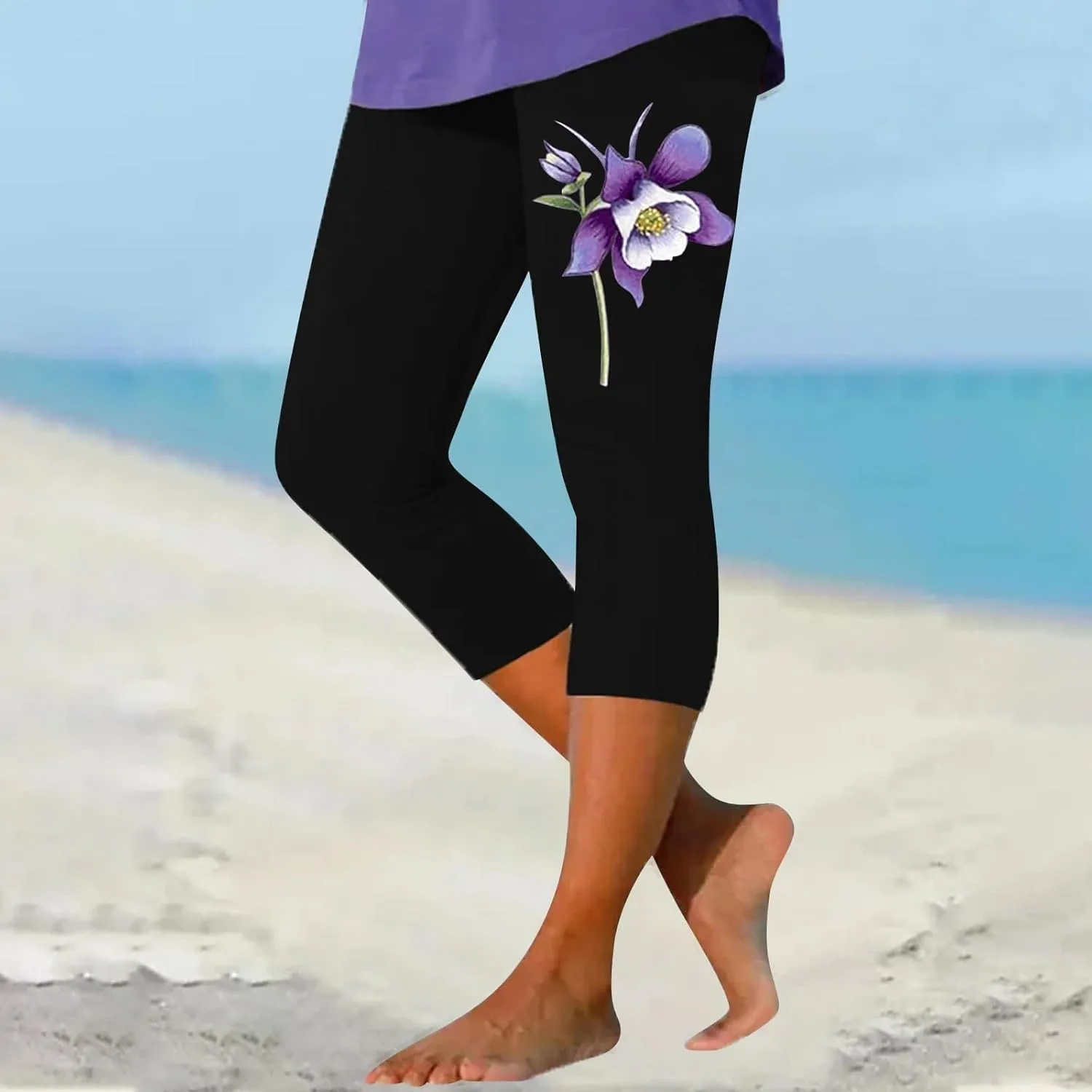 Capri Leggings for Women Purple Floral Print Crop Yoga Pants Stretchy 7/8 Length Tights Alzheimers Awareness Products