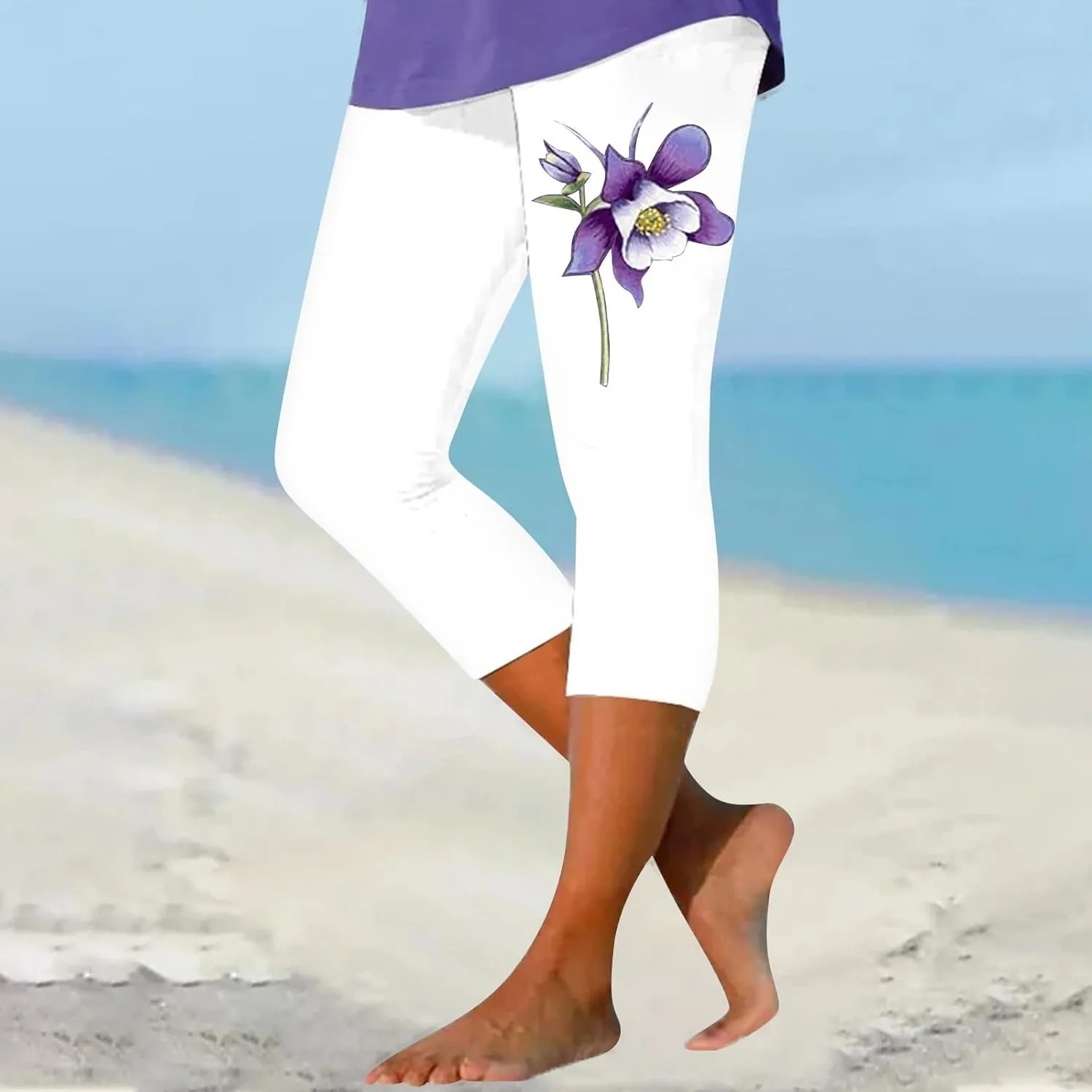 Capri Leggings for Women Purple Floral Print Crop Yoga Pants Stretchy 7/8 Length Tights Alzheimers Awareness Products