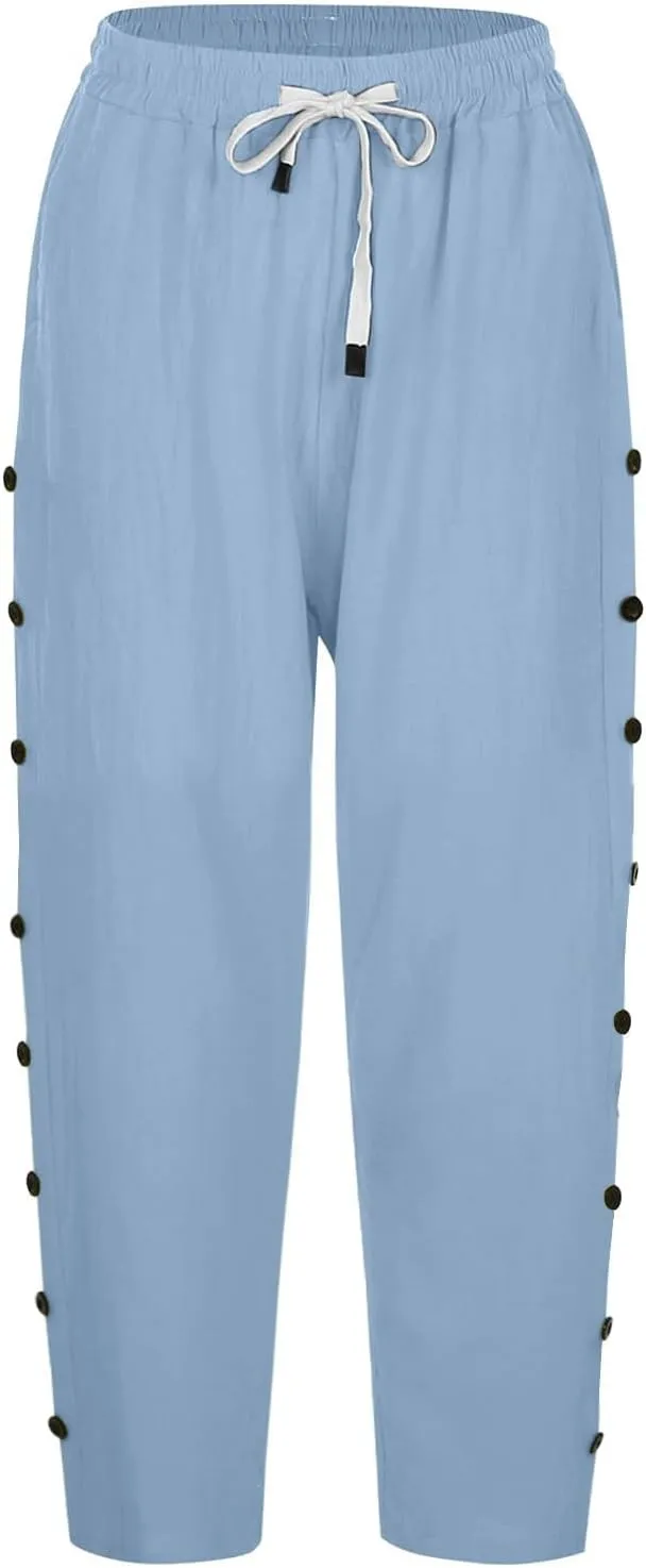 Capri Pants for Women Casual Striped Linen Pants Loose Fit Drawstring Trousers High Waist Cropped Trousers