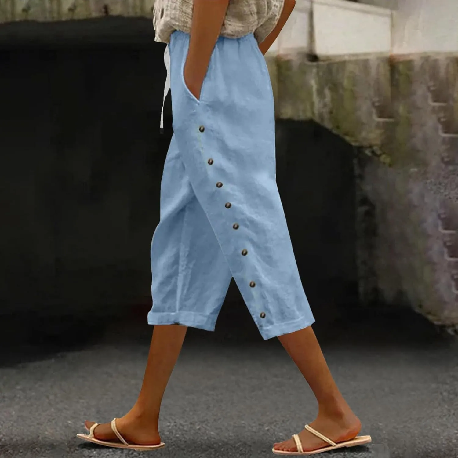Capri Pants for Women Casual Striped Linen Pants Loose Fit Drawstring Trousers High Waist Cropped Trousers