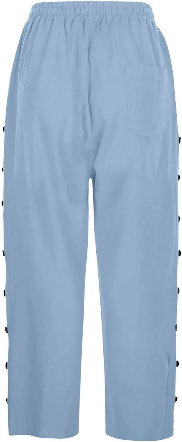 Capri Pants for Women Casual Striped Linen Pants Loose Fit Drawstring Trousers High Waist Cropped Trousers