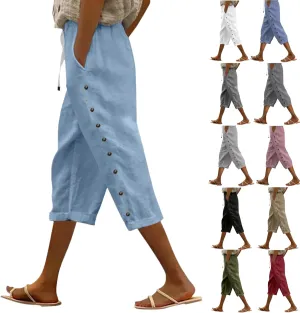 Capri Pants for Women Casual Striped Linen Pants Loose Fit Drawstring Trousers High Waist Cropped Trousers