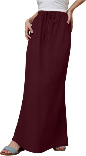 cooki Womens Linen Flared Maxi Skirts Summer Casual Vacation Low Waist Drawstring Long Flowy Ankle-Length Boho Skirt