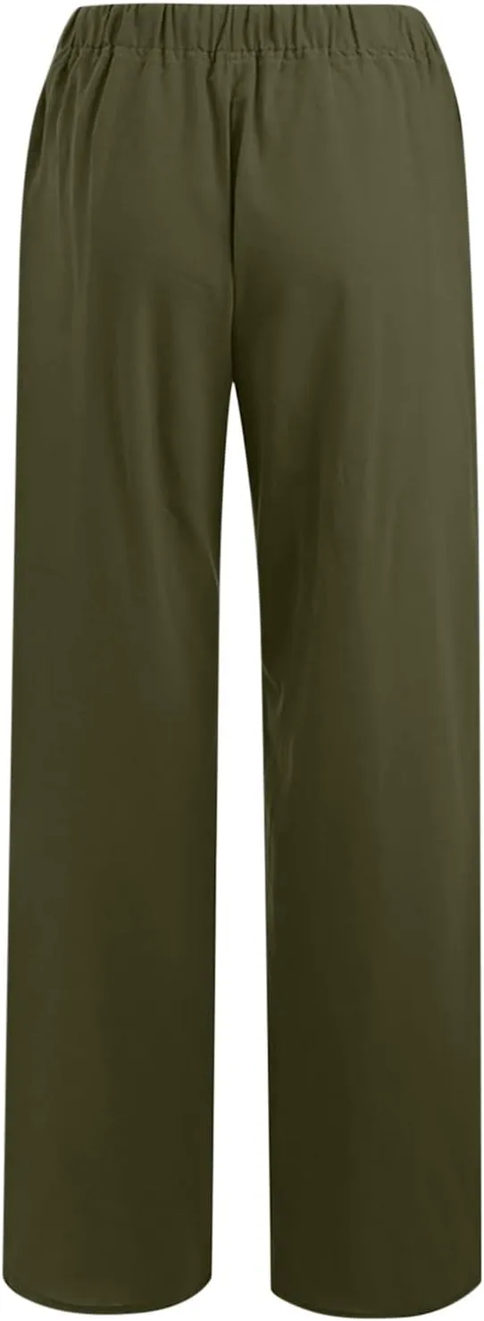 Cotton Linen Pants Women Summer 2025 Drawstring Elastic Waist Wide Leg Casual Beach Trouser Loose Lounge Palazzo Pant