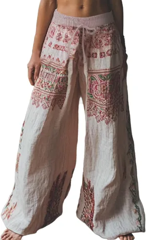 Flowy Pants for Women Baggy High Waist Drawsting Linen Palazzo Trouser Boho Floral Embroidered Wide Leg Beach Bottoms