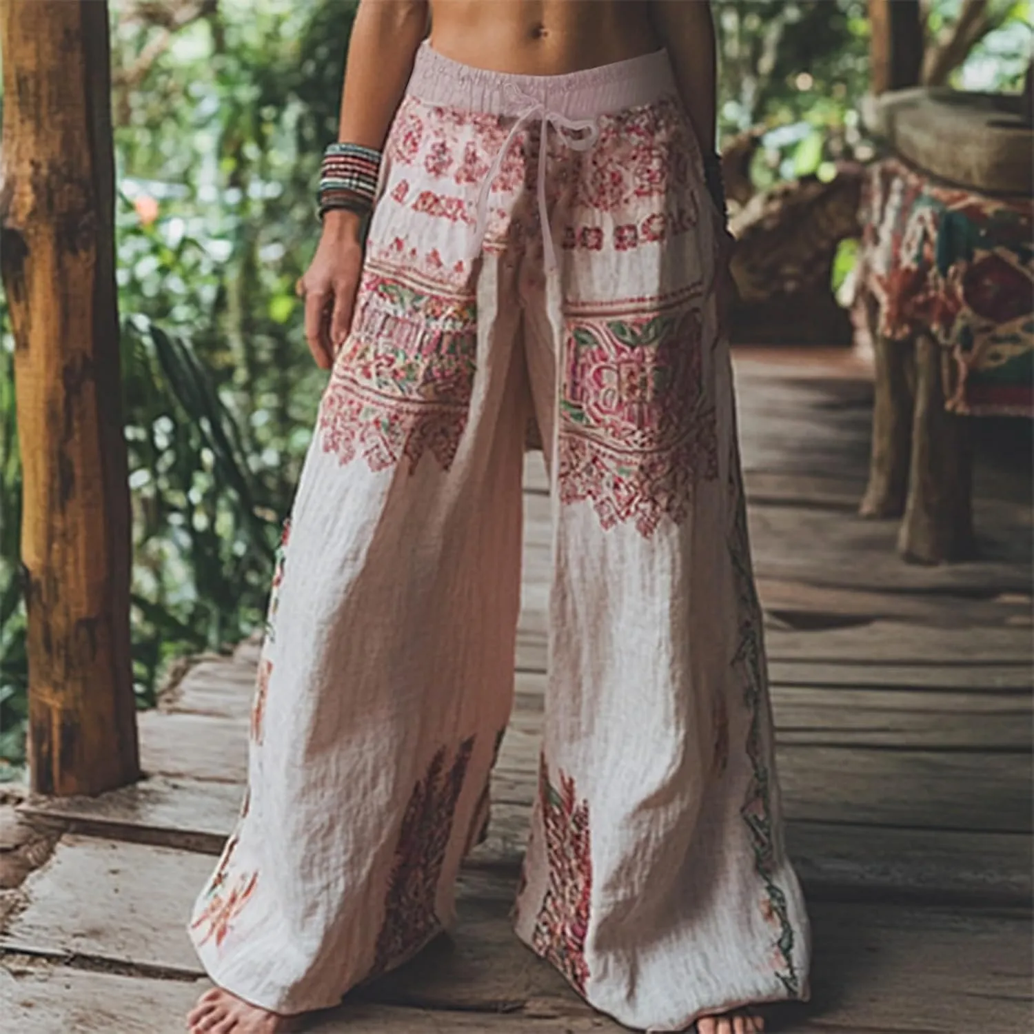 Flowy Pants for Women Baggy High Waist Drawsting Linen Palazzo Trouser Boho Floral Embroidered Wide Leg Beach Bottoms