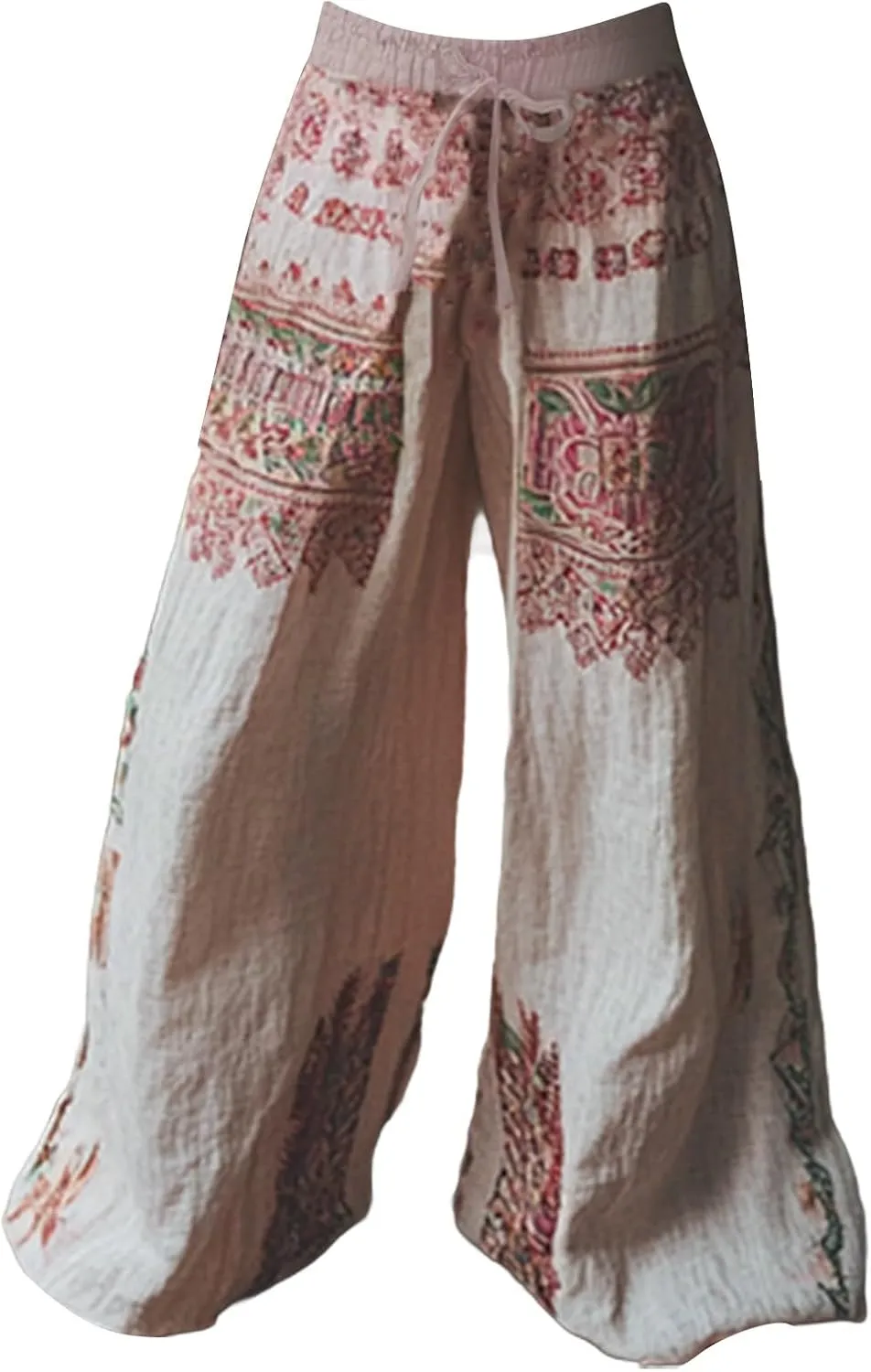 Flowy Pants for Women Baggy High Waist Drawsting Linen Palazzo Trouser Boho Floral Embroidered Wide Leg Beach Bottoms