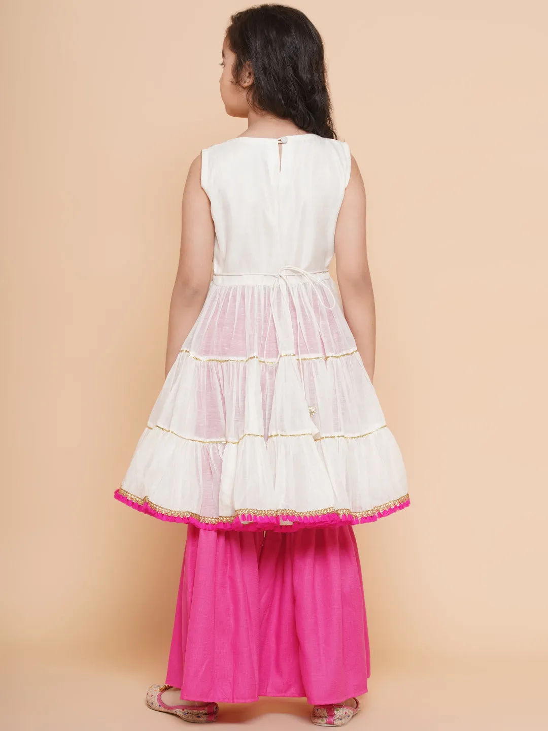 Jashvi Girls White Embroidered Tiered Gotta Patti Kurta With Sharara