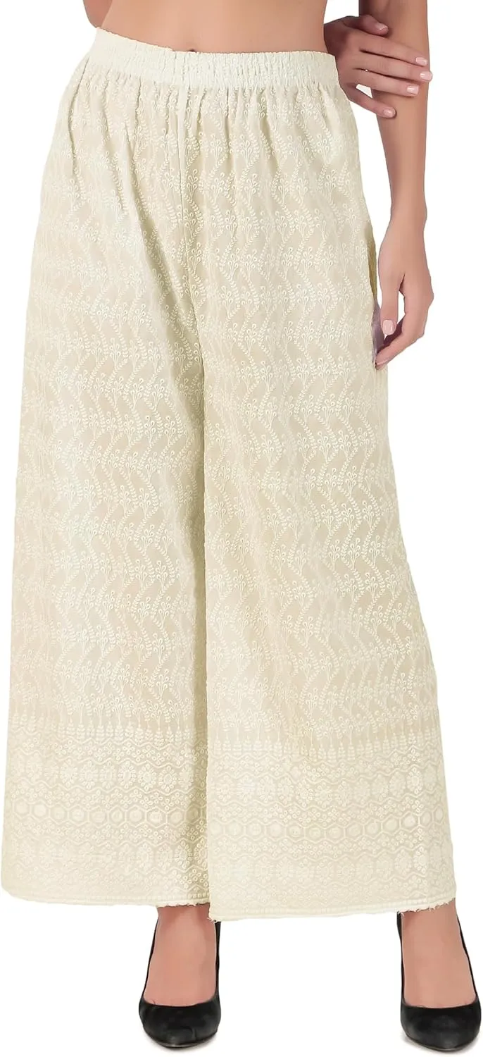 ladyline Women's Embroidered Hakoba Chikhan Palazzo Pant in Rayon with Elastic Closure