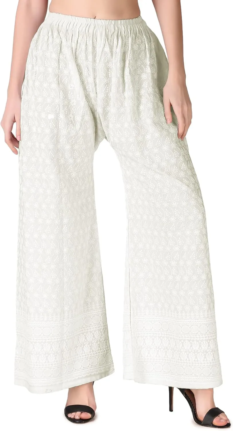 ladyline Women's Embroidered Hakoba Chikhan Palazzo Pant in Rayon with Elastic Closure