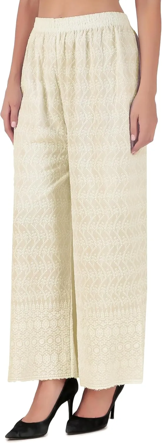 ladyline Women's Embroidered Hakoba Chikhan Palazzo Pant in Rayon with Elastic Closure