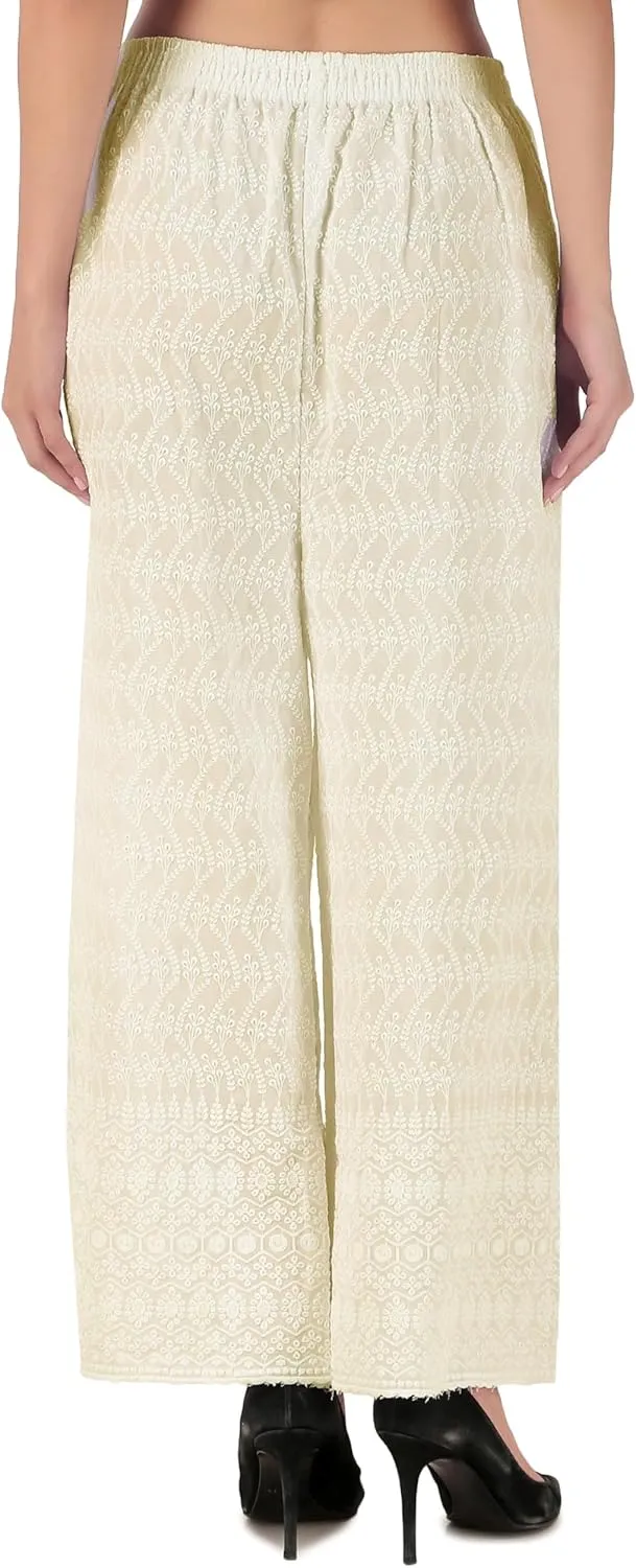ladyline Women's Embroidered Hakoba Chikhan Palazzo Pant in Rayon with Elastic Closure
