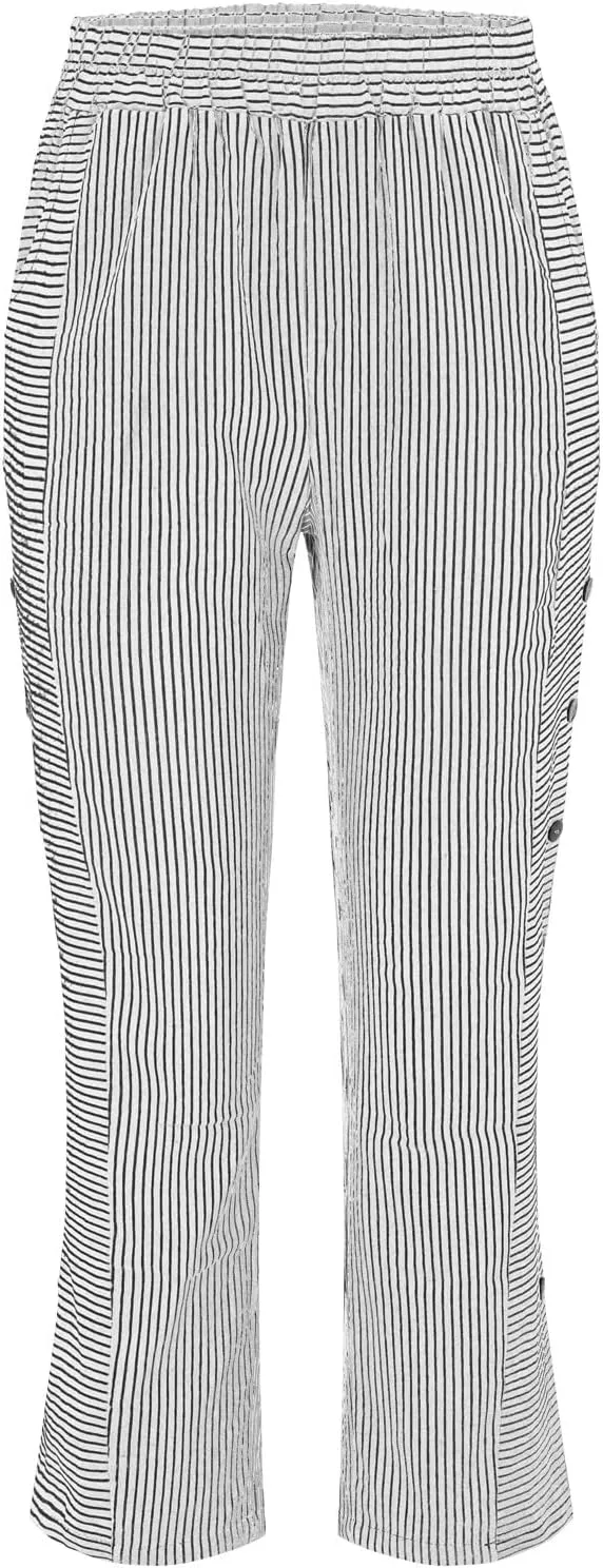 Pants for Women Olzeep Classy Striped Side Pocket Pants Women's Stripe Button Casual Loose Cotton Linen Pants