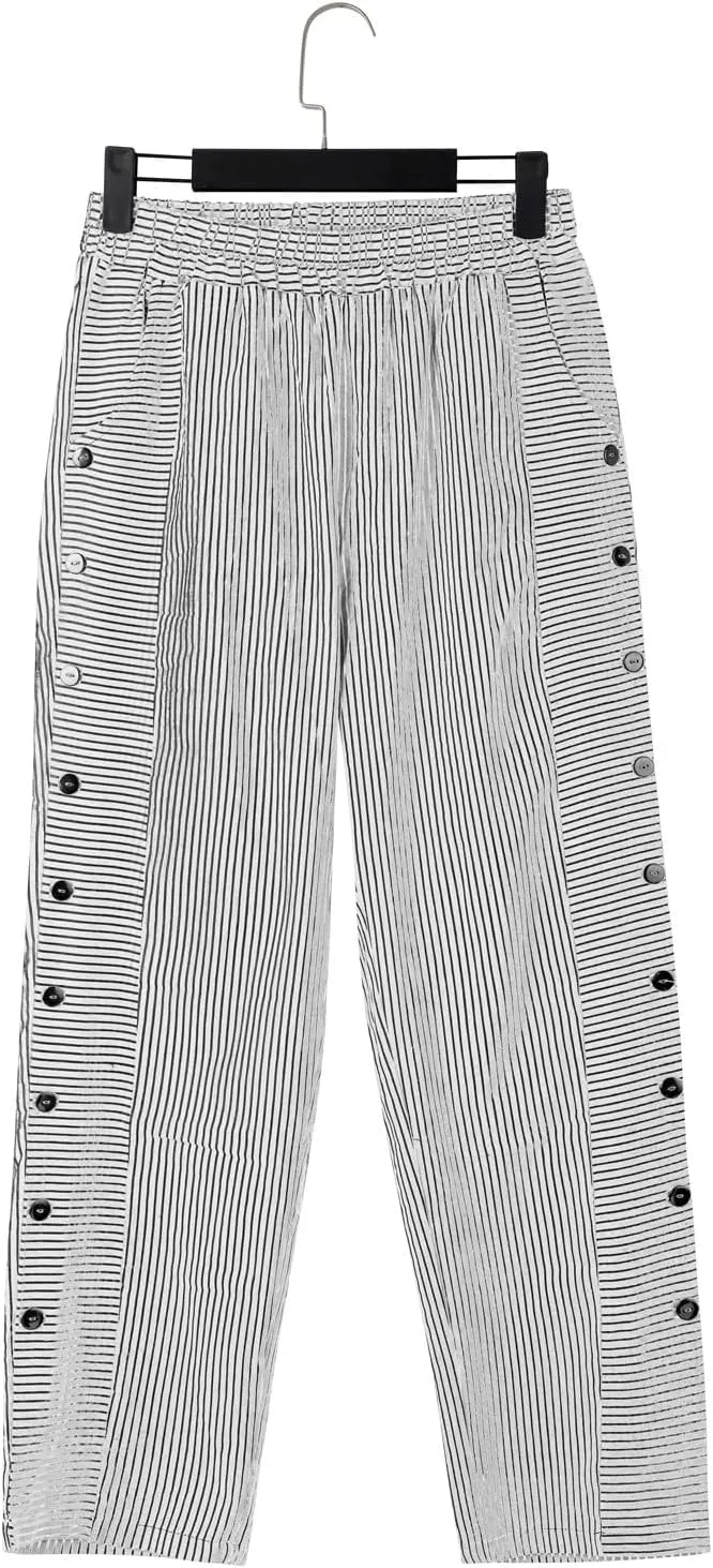 Pants for Women Olzeep Classy Striped Side Pocket Pants Women's Stripe Button Casual Loose Cotton Linen Pants