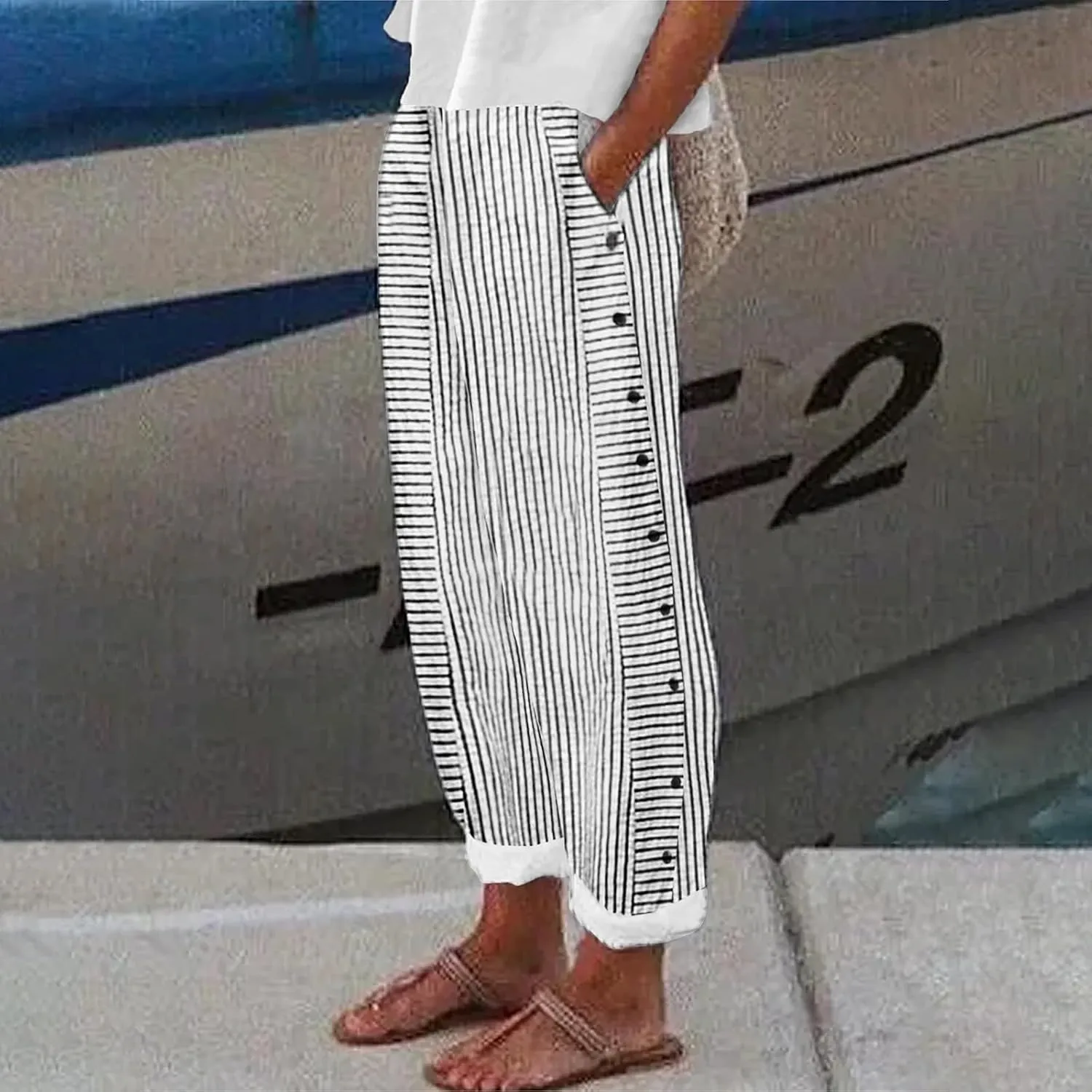 Pants for Women Olzeep Classy Striped Side Pocket Pants Women's Stripe Button Casual Loose Cotton Linen Pants