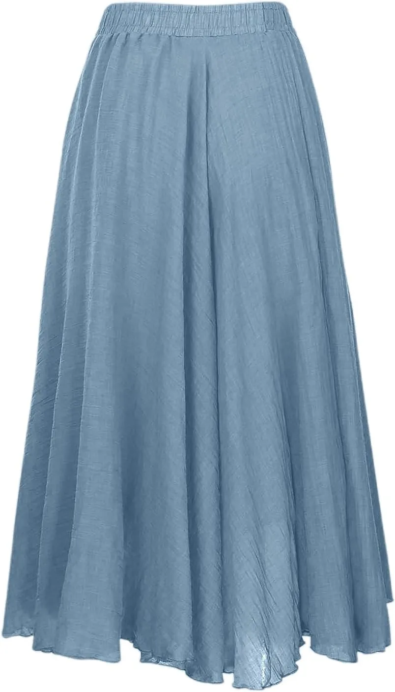 Ruffle Skirt Trendy Flared High Elastic Waist Solid Loose Pleated Long Skirts for Women Summer Vacation Clothes