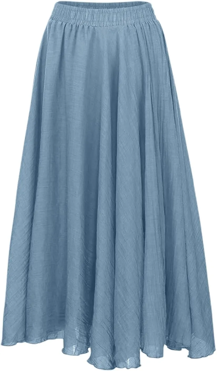 Ruffle Skirt Trendy Flared High Elastic Waist Solid Loose Pleated Long Skirts for Women Summer Vacation Clothes