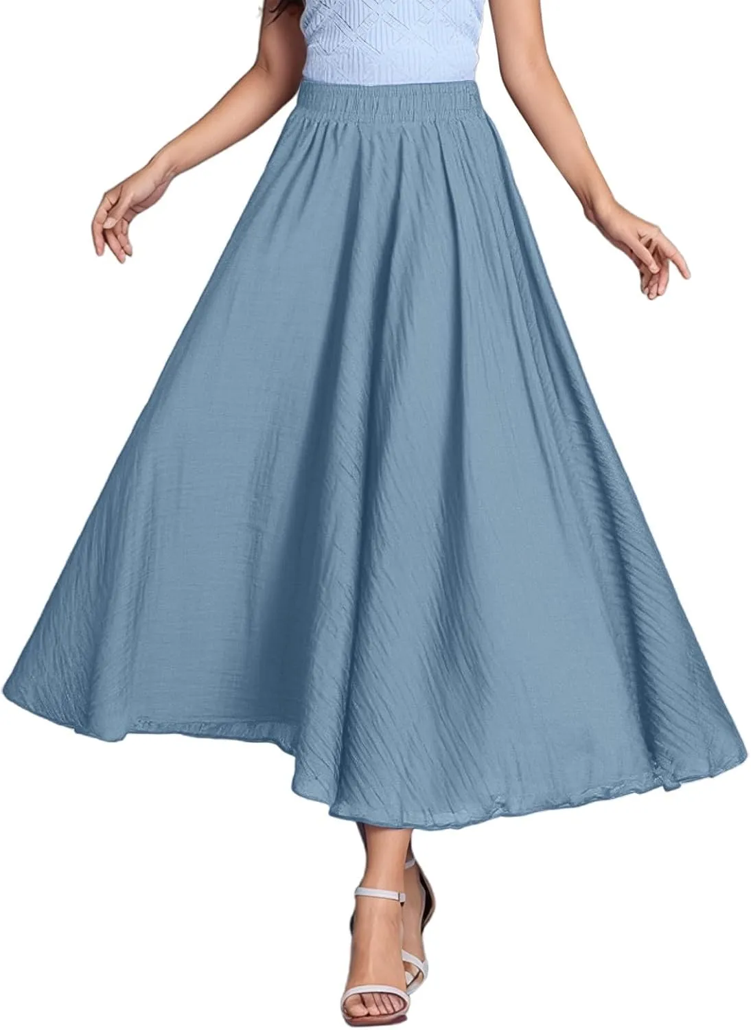 Ruffle Skirt Trendy Flared High Elastic Waist Solid Loose Pleated Long Skirts for Women Summer Vacation Clothes