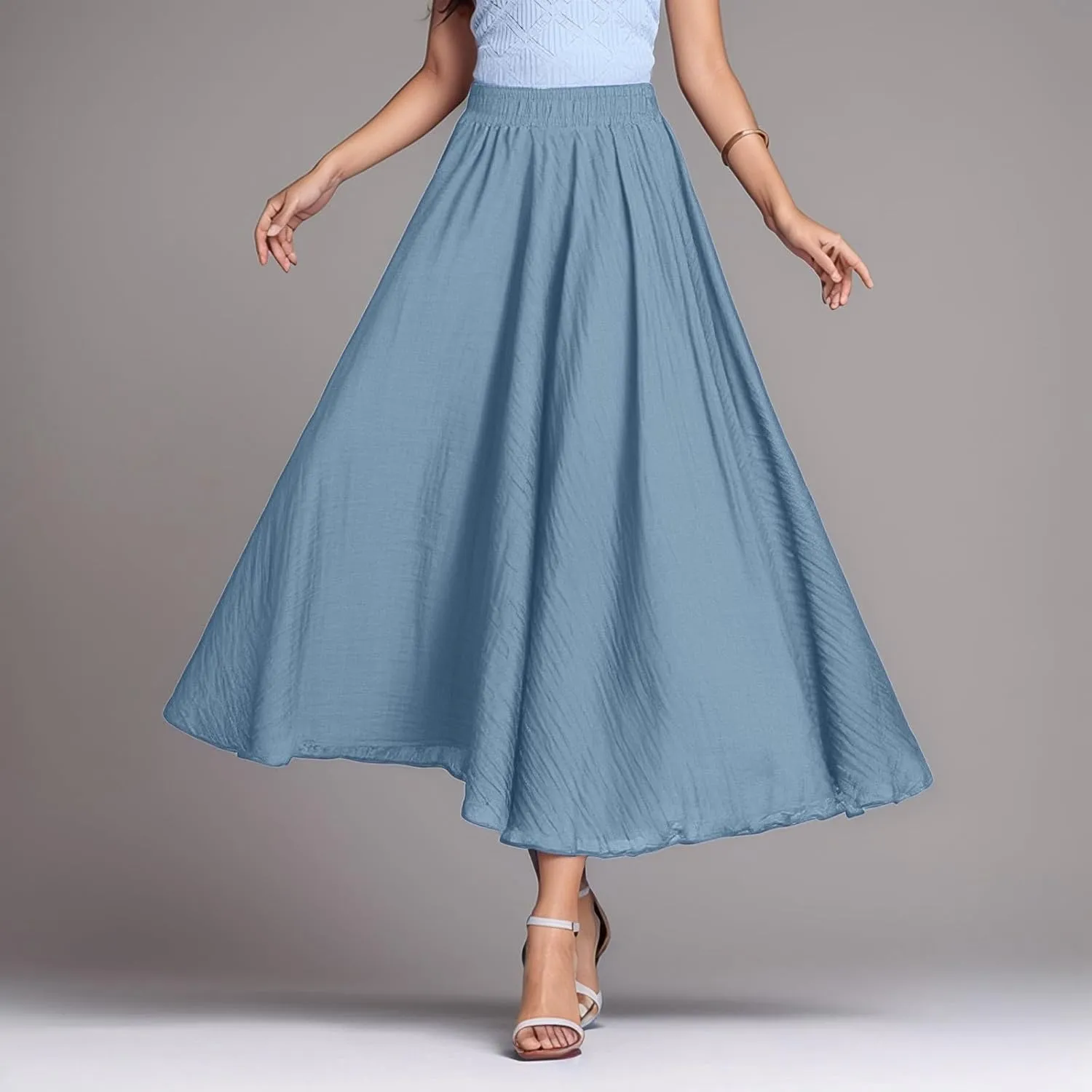 Ruffle Skirt Trendy Flared High Elastic Waist Solid Loose Pleated Long Skirts for Women Summer Vacation Clothes