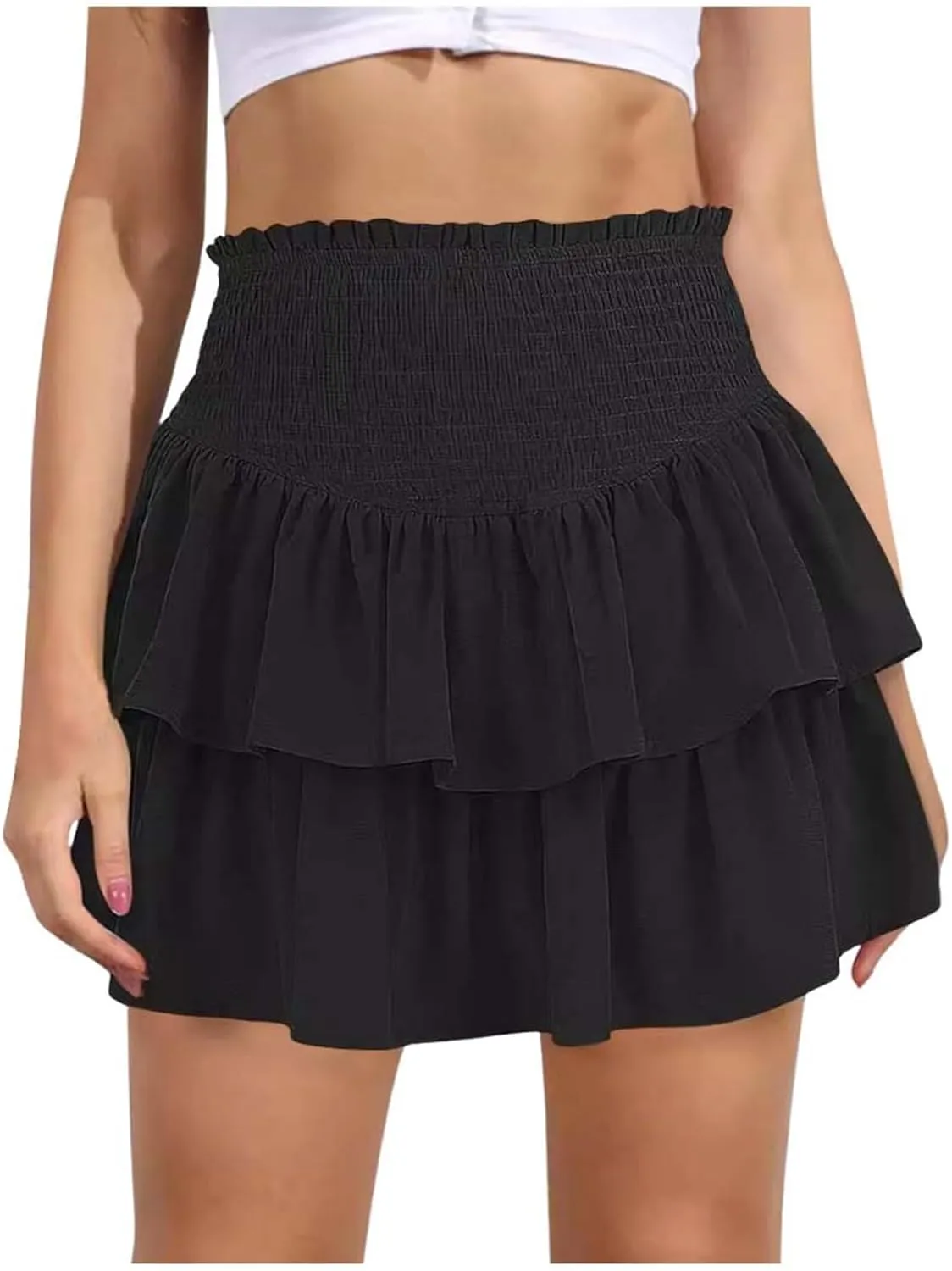 Skirt for Women Women Ruffle Layered Mini Skirts Smocked a Line Pleated Short Skirt Boho Beach Mini Skirt