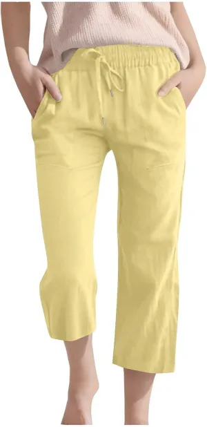 Teen Girls Cotton Linen Capri Pants Kids Summer Cropped Preppy Lounge Pant Cozy Lightweight Drawstring Baggy Trousers