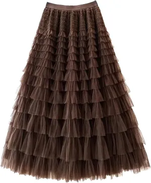 Women Boho High Waist Long Maxi Tulle Skirt Spring Summer Party Women's Multilayer Ruffle Mesh Skirt