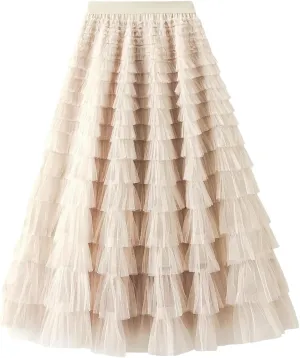 Women Boho High Waist Long Maxi Tulle Skirt Spring Summer Party Women's Multilayer Ruffle Mesh Skirt