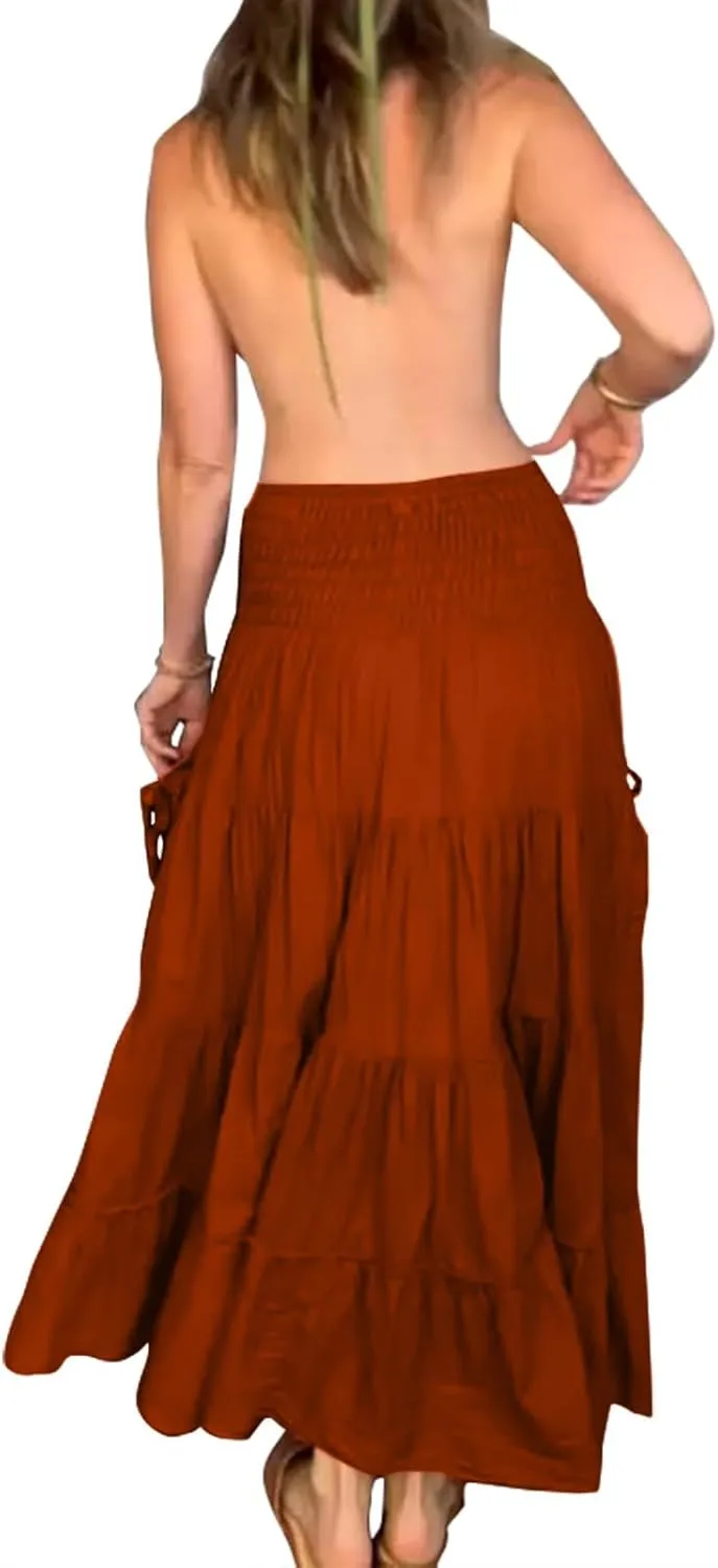 Women Boho Maxi Skirts Western A Line Elastic High Waist Pleated Ruffle Flowy Long Beach Skirts with Pockets