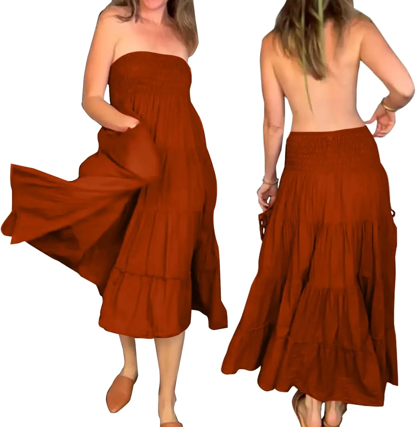 Women Boho Maxi Skirts Western A Line Elastic High Waist Pleated Ruffle Flowy Long Beach Skirts with Pockets
