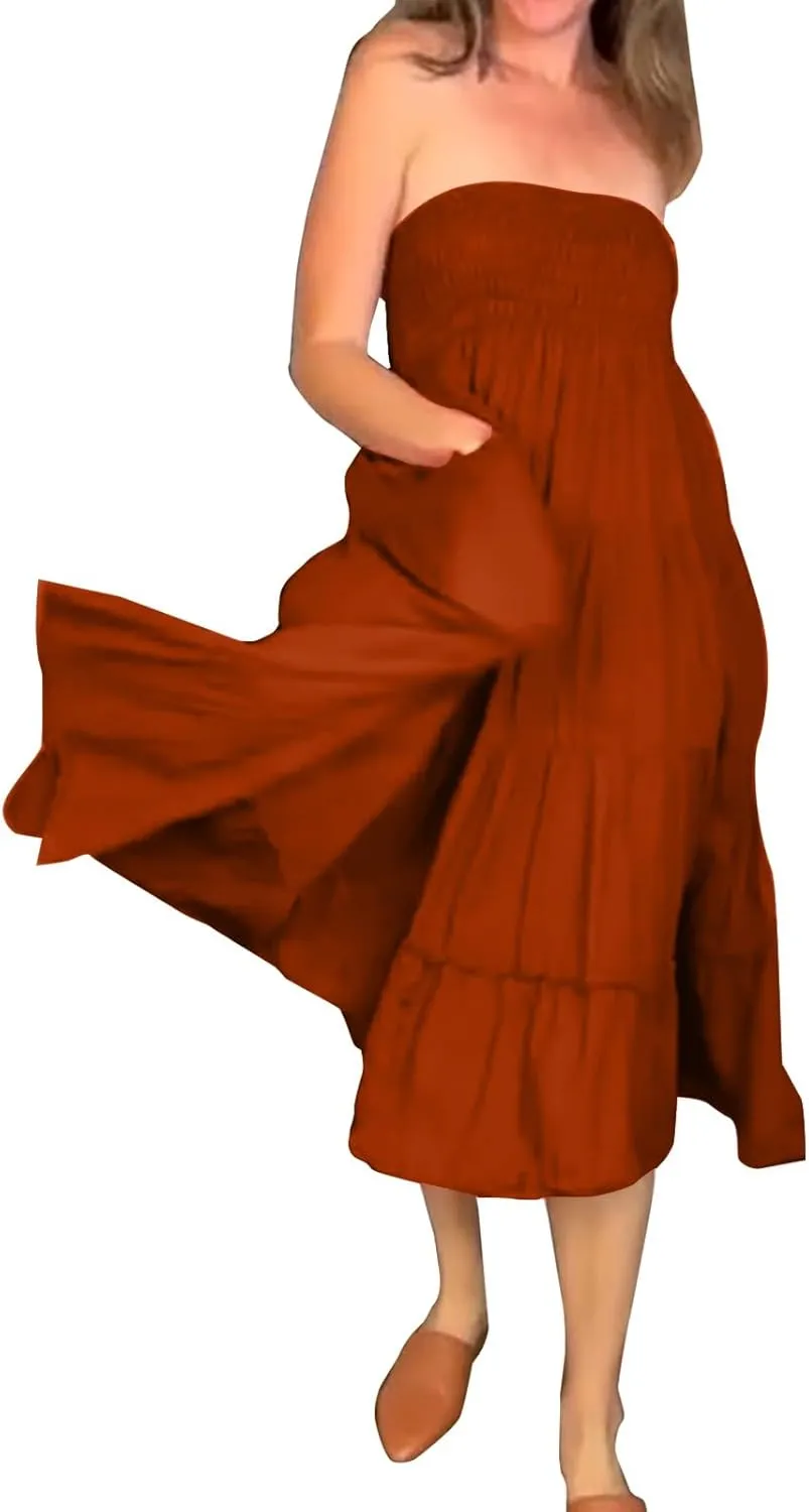 Women Boho Maxi Skirts Western A Line Elastic High Waist Pleated Ruffle Flowy Long Beach Skirts with Pockets