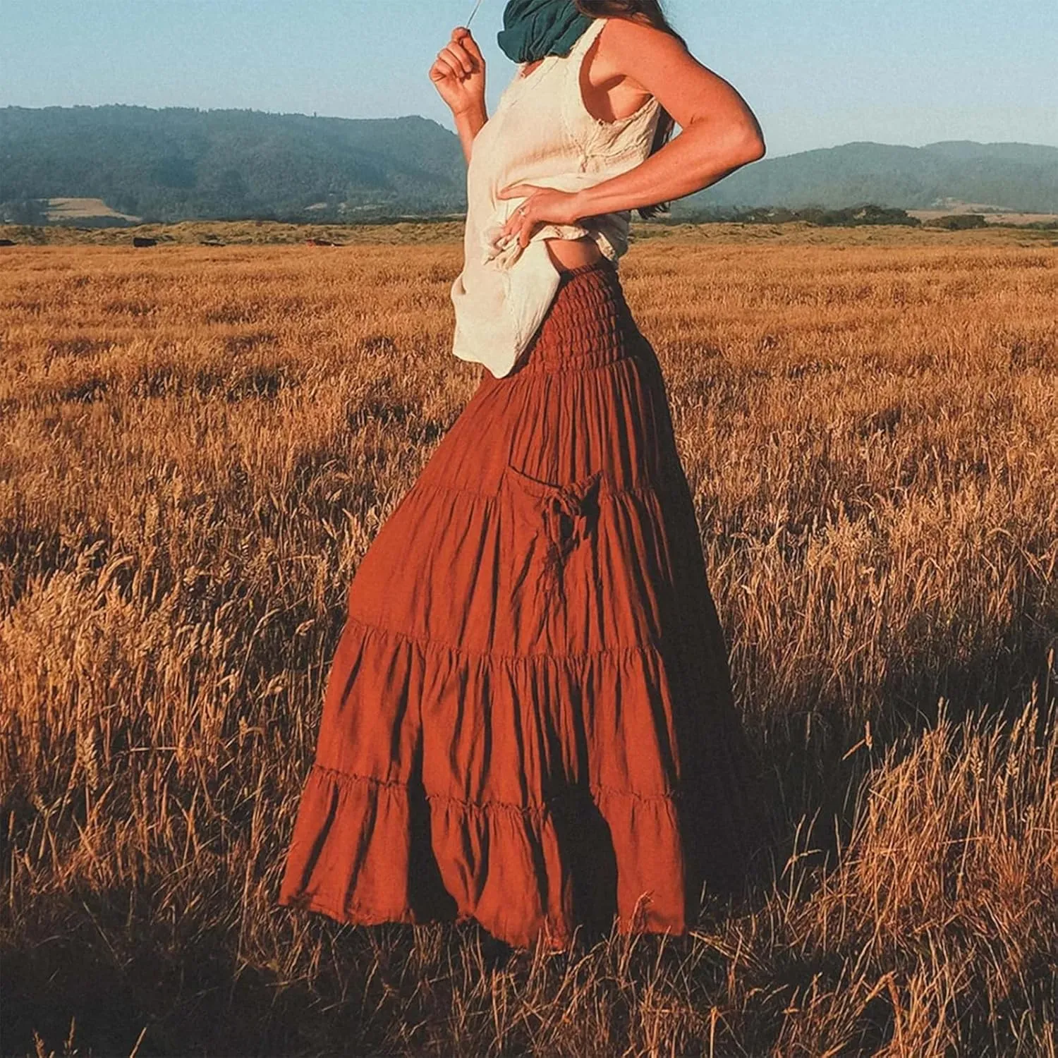 Women Boho Maxi Skirts Western A Line Elastic High Waist Pleated Ruffle Flowy Long Beach Skirts with Pockets