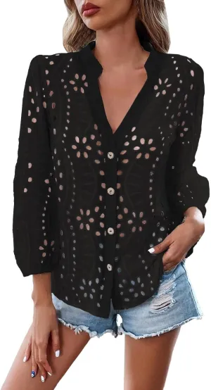 Women Button Down Shirts Summer Long Sleeve Hollow Out Lace Embroidered Blouse Casual Eyelet V Neck Cotton Linen Shirt Tops