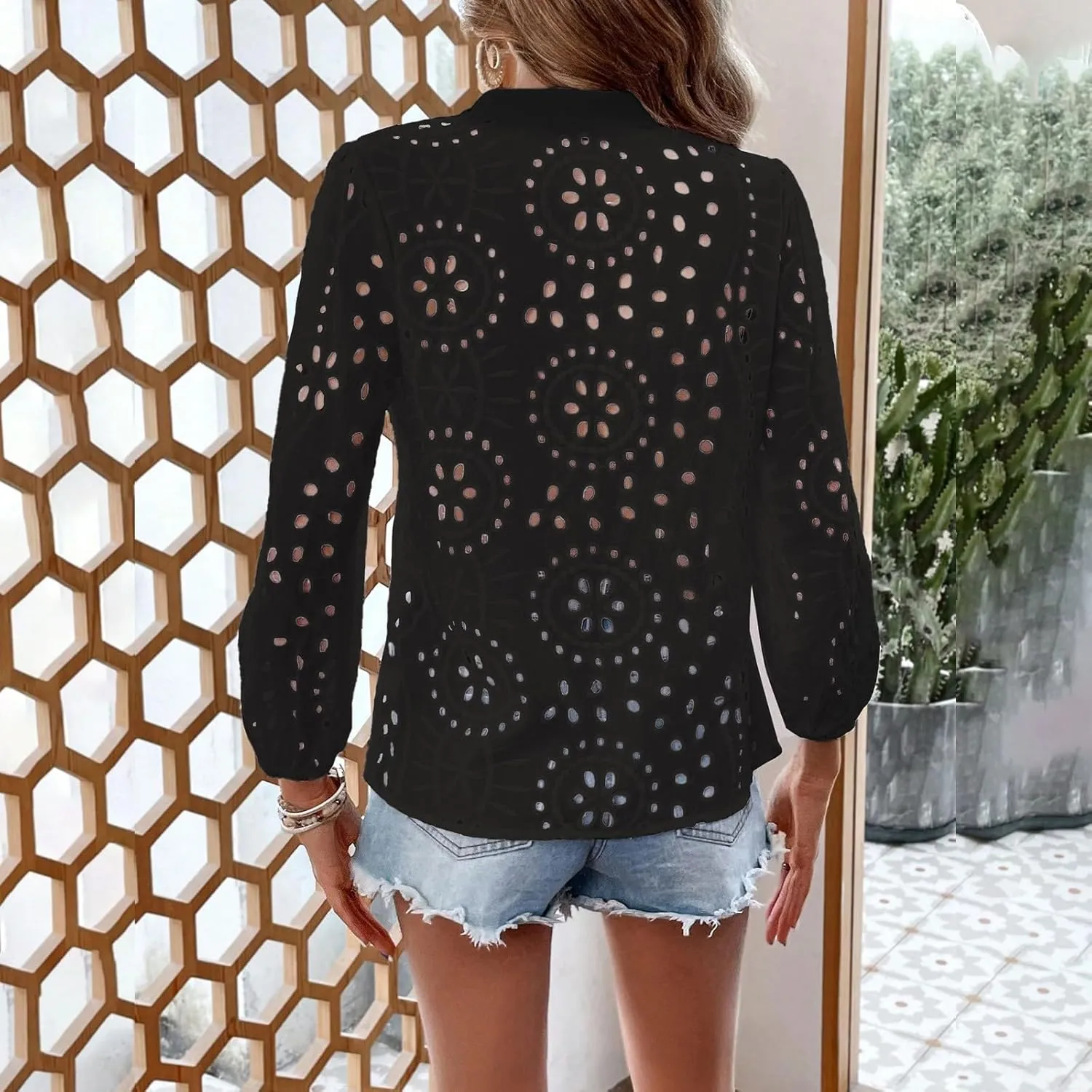 Women Button Down Shirts Summer Long Sleeve Hollow Out Lace Embroidered Blouse Casual Eyelet V Neck Cotton Linen Shirt Tops