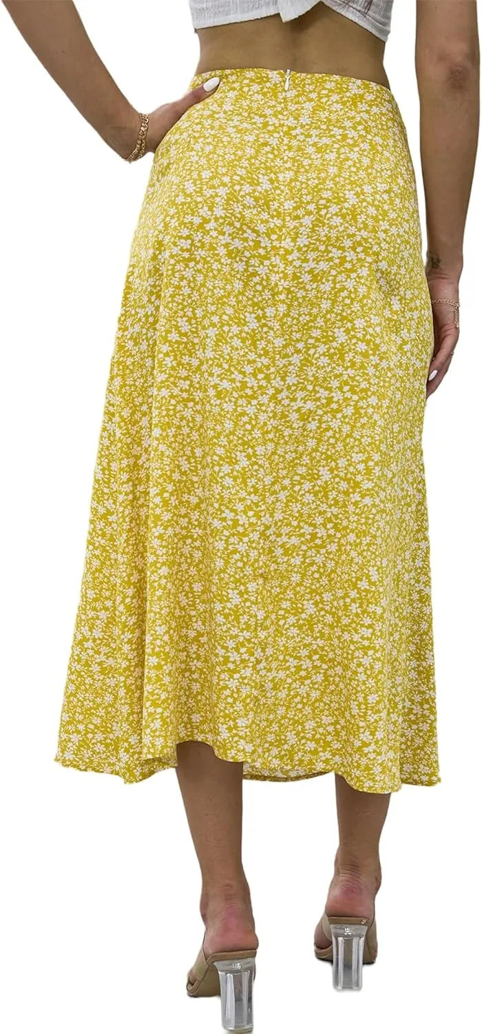 Womens Boho Leopard Print Skirts Pleated A Line Summer High Waisted Flowy Slit Midi Skirts Boho Floral Beach Skirt