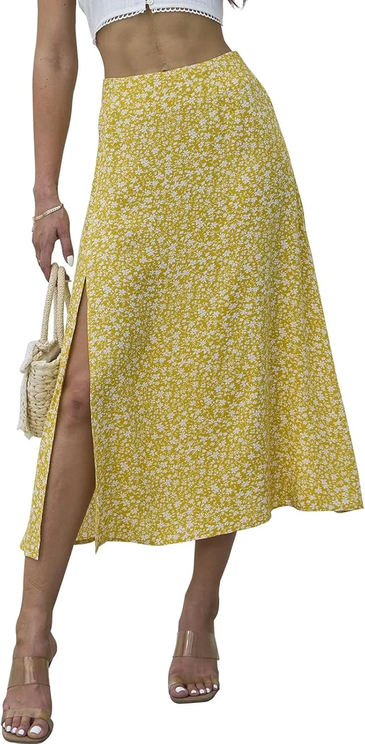 Womens Boho Leopard Print Skirts Pleated A Line Summer High Waisted Flowy Slit Midi Skirts Boho Floral Beach Skirt