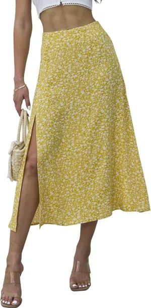 Womens Boho Leopard Print Skirts Pleated A Line Summer High Waisted Flowy Slit Midi Skirts Boho Floral Beach Skirt