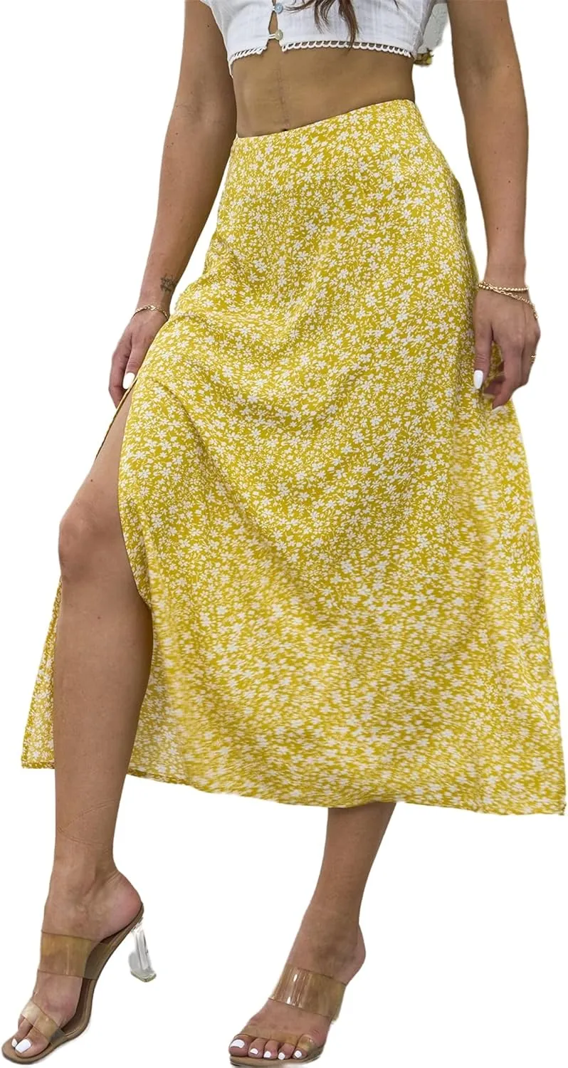 Womens Boho Leopard Print Skirts Pleated A Line Summer High Waisted Flowy Slit Midi Skirts Boho Floral Beach Skirt