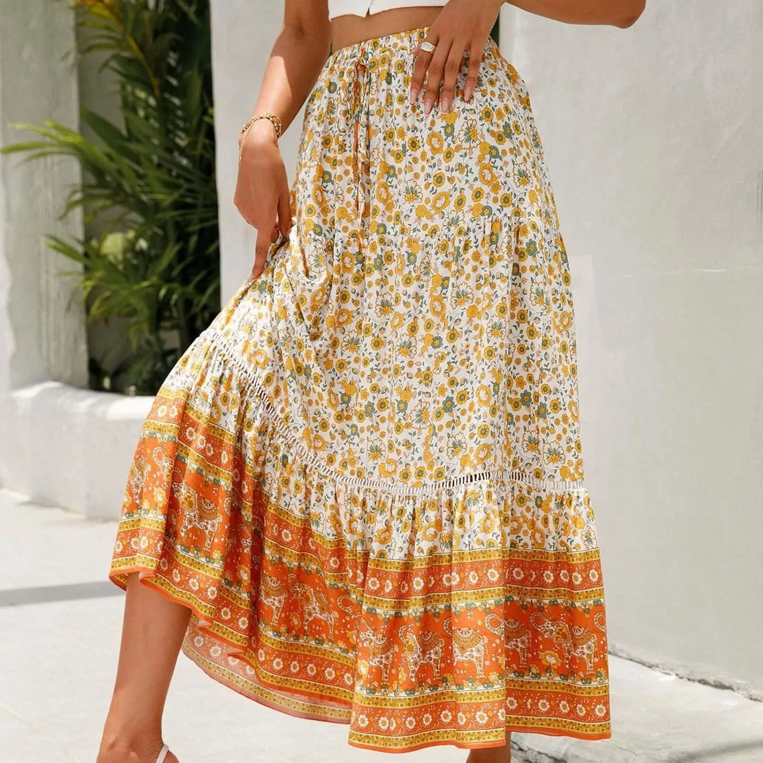 Womens Boho Skirts Summer Flowy Elastic High Waisted Maxi Skirt Fashion Color Block Ruffle Hem A Line Floral Skirts