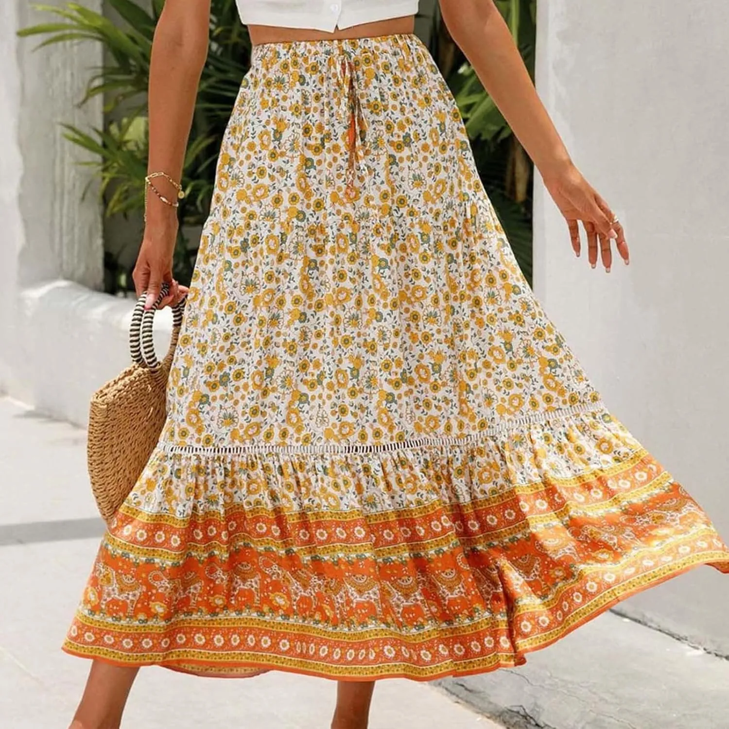 Womens Boho Skirts Summer Flowy Elastic High Waisted Maxi Skirt Fashion Color Block Ruffle Hem A Line Floral Skirts