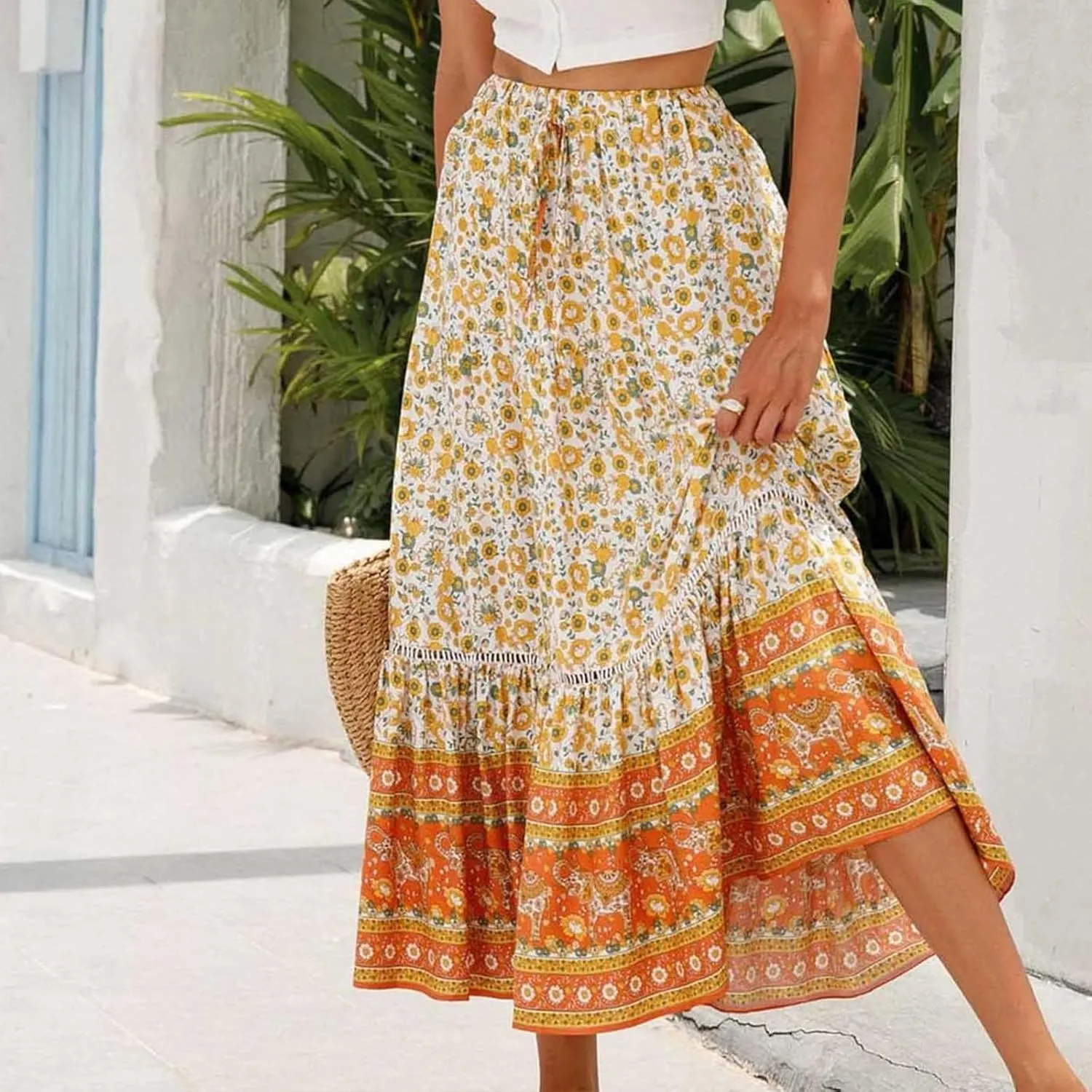 Womens Boho Skirts Summer Flowy Elastic High Waisted Maxi Skirt Fashion Color Block Ruffle Hem A Line Floral Skirts